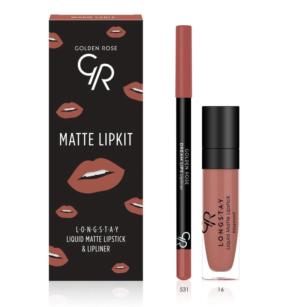 کیت رژ لب مایع 24 ساعته +مداد گلدن رز (WARM STABLE) GOLDEN ROSE matte lip kit - ارس شاین